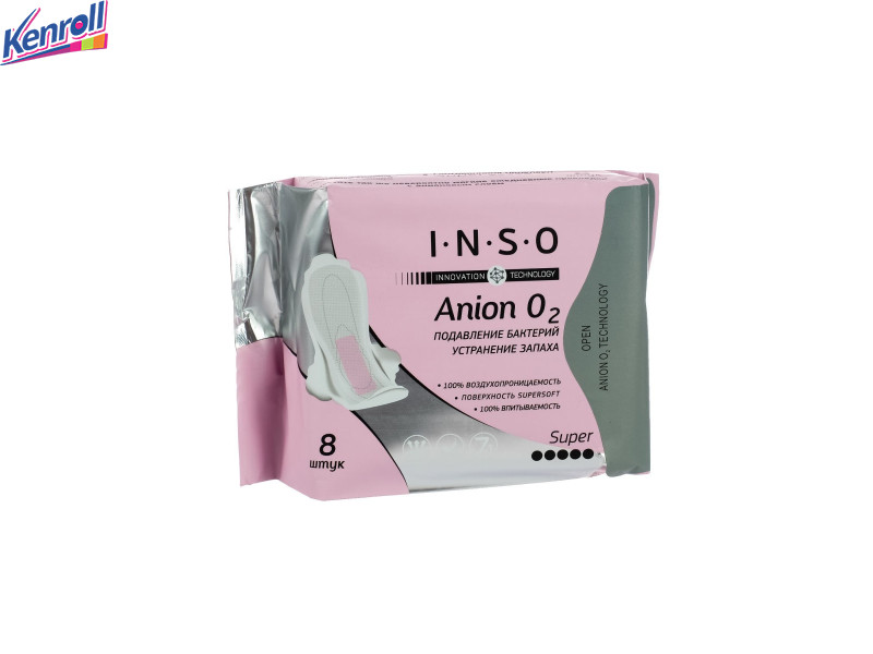 Прокладки ультратонкие с анионовым слоем (подавление буктерий, устранения запаха) super 8 шт INSO Anion O2